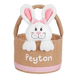 Personalized Pink Burlap Easter Basket with Bunny