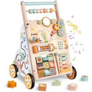 Wooden Baby Walker with Activity Center and Wheels