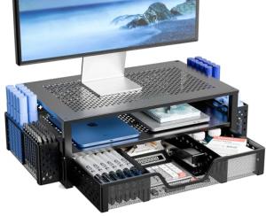 Black 2-Tier Metal Monitor Stand with Drawer