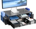 Black 2-Tier Metal Monitor Stand with Drawer