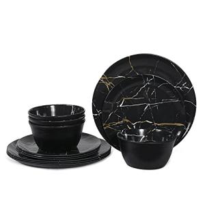 12-Piece Melamine Dinnerware Set - Black Marble Design