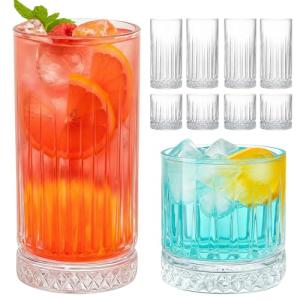 Set of 8 Clear Ribbed Drinking Glasses