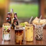 4-Piece Drinking Glass Set with Bamboo Lids and Straws