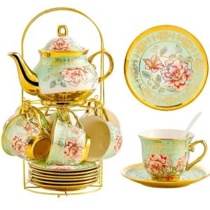 20-Piece Flower Porcelain Tea Set with Holder