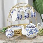 Blue Porcelain Tea Set for 6 with Rack