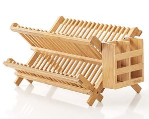 Bamboo Folding 2-Tier Dish Rack with Utensil Holder