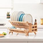Bamboo Folding 2-Tier Dish Rack with Utensil Holder