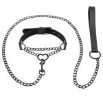 Black Leather Choker Necklace and Leash Set