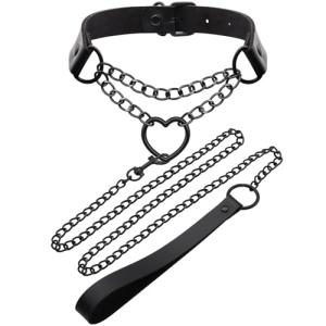 Black Leather Choker Necklace and Leash Set