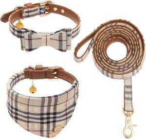 Plaid Dog Collar and Leash Set with Bow Tie