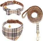 Plaid Dog Collar and Leash Set with Bow Tie