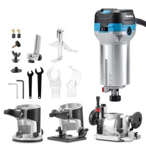 Genmitsu 1.25 HP Palm Trimmer Router Kit, Compact Router Wood Tool With Fixed Base & Plunge Base, 6 Variable Speeds 10000-30000 RPM, Perfect for CNC Woodworking & DIY Projects