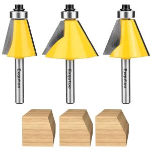 3 Piece Chamfer Router Bit Set Kit, 1/4" Shank, 15, 22.5, 30 Degree Cutting Angl