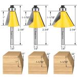 3 Piece Chamfer Router Bit Set Kit, 1/4" Shank, 15, 22.5, 30 Degree Cutting Angl