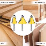 3 Piece Chamfer Router Bit Set Kit, 1/4" Shank, 15, 22.5, 30 Degree Cutting Angl