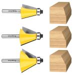 3 Piece Chamfer Router Bit Set Kit, 1/4" Shank, 15, 22.5, 30 Degree Cutting Angl