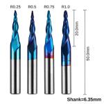 Genmitsu 4pcs 2-Flute Tapered Ball Nose Spiral End Mill, Nano Blue Coating Tungsten Carbide CNC Router Bits, 2D and 3D Engraving Carving Woodworking Bits, R0.25-1.0, 1/4'' Shank, TB04B