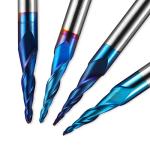 Genmitsu 4pcs 2-Flute Tapered Ball Nose Spiral End Mill, Nano Blue Coating Tungsten Carbide CNC Router Bits, 2D and 3D Engraving Carving Woodworking Bits, R0.25-1.0, 1/4'' Shank, TB04B