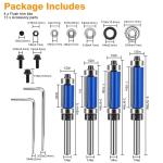 4x Top and Bottom Bearing Flush Trim Router Bits Set 1/4" Shank 1/2" Cutting Dia