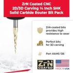 Amana Tool Up Cut Spiral CNC Router Bits Set for 2D/3D Carving Ball Nose, ZrN Coated, AMS-136, 8-Pc, 1/4 Inch Shank