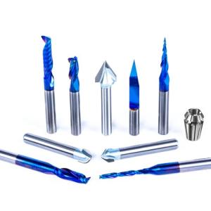 FoxAlien 1/4" Shank 3D Carving Router Set - V-Groove, Spiral End Mills, Tapered Bit for Wood Relief Carving, Woodworking, Lettering (10-in-1) - Includes 1/4" ER11 Collet