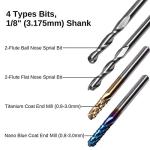 Genmitsu 40pcs End Mills CNC Router Bits, 1/8" Shank CNC Cutter Milling Carving Bit Set Including 2-Flute Flat Nose & Ball Nose, Nano Blue Coat & Titanium Coat, MC40A