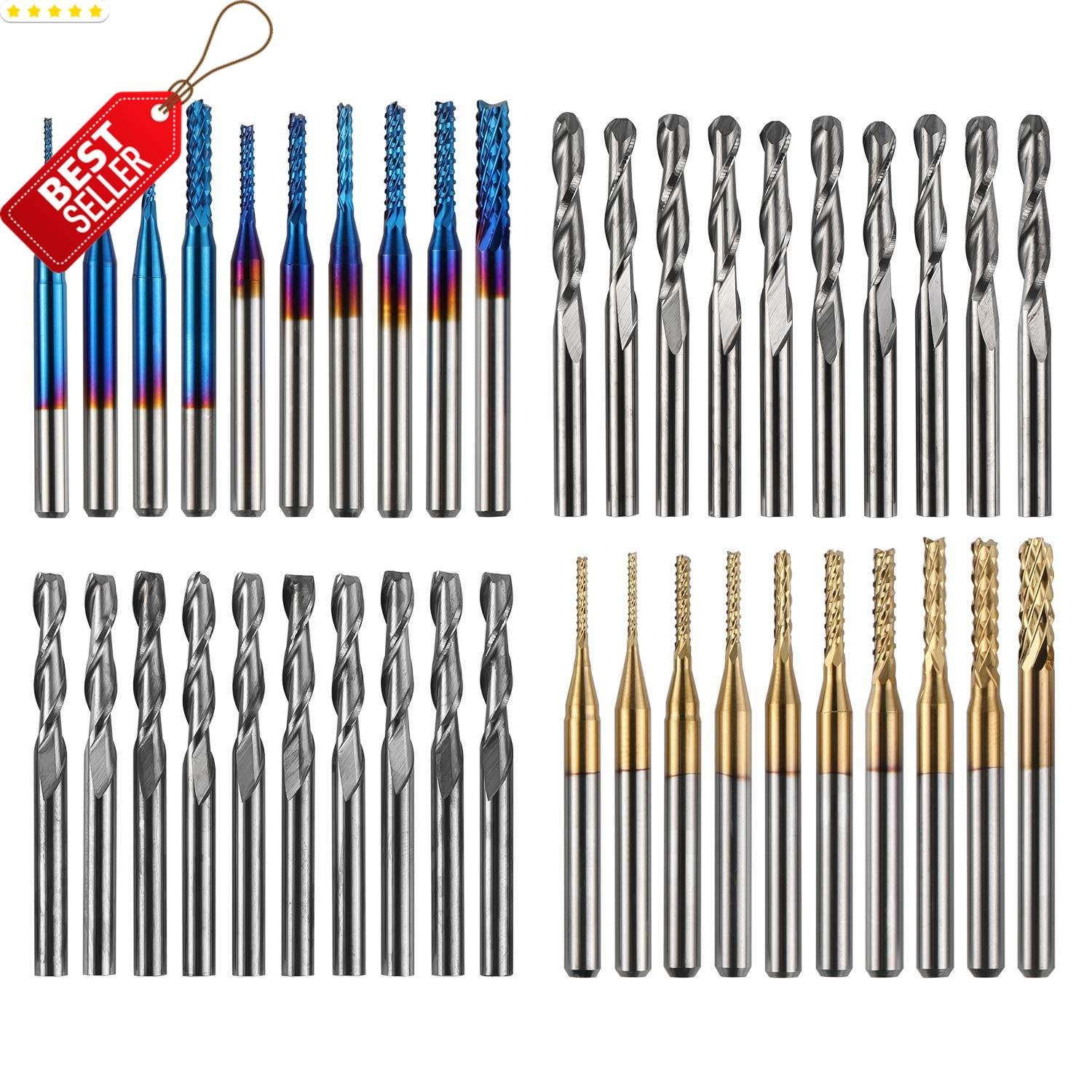 40Pcs CNC Router Bits Set 1/8" End Mill Flat Ball Nose Titanium Nano US