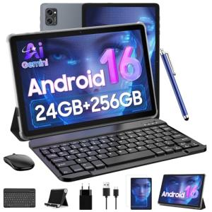 Android Tablets 10 Inch Tablet - Gemini AI Android 16 Tablets, 24GB RAM + 256GB ROM (2TB TF), Widevine L1, FHD, WiFi 6, BT5.0, GPS, Tablet with Keyboard, Case and Pen, 8MP AI Camera, 2 Years Warranty