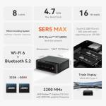 Beelink SER5 MAX Mini PC, AMD Ryzen 7 6800U (8C/16T, up to 4.7GHz) 24GB LPDDR5 RAM 500GB NVME SSD Windows 11 Pro, 4K Triple Display (HDMI/Type-C/DP), 2.5G LAN/WiFi 6/BT5.2 Mini Desktop Computer