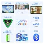 Tablet 2025 Latest Android 15 Tablets, 10.5 inch Tablet with HD+IPS Display, 12(4+8) GB RAM+64GB ROM/ 2TB TF, Gemini AI 2.0, GPS, 5G WiFi, 2.0GHz CPU & 5MP Camera, 6000mAh, GMS Certified