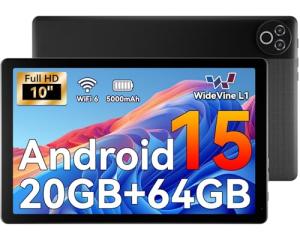 MUISOO Android 15 Tablet, 10 Inch Tablet, 20GB RAM+64GB ROM (TF 1TB), 5000mAh, 1280 * 800 HD, WiFi 6, Bluetooth 5.4, Dual Cameras, Dual Speakers, Black