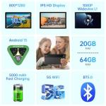 MUISOO Android 15 Tablet, 10 Inch Tablet, 20GB RAM+64GB ROM (TF 1TB), 5000mAh, 1280 * 800 HD, WiFi 6, Bluetooth 5.4, Dual Cameras, Dual Speakers, Black