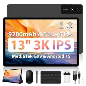 AXETOP 13 inch Tablet, Android 15 Tablet with SIM Card Slot, 36(12+24) GB RAM+512GB ROM, Helio G99 2.2Ghz Octa-Core Gaming Tablets, 9200mAh, Widevine L1, 8MP+13MP, 2944x1840 IPS, 18W Charge - Black
