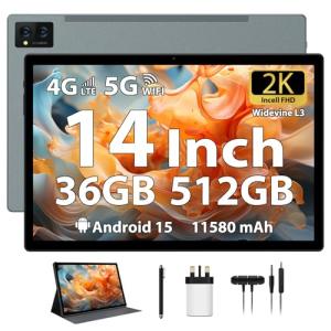 FLYCOAY 14 Inch Tablet Android 15 Gaming Tablet 36GB+512GB/TF 2TB, Octa-Core, 11580mAh, 4-speaker, 13MP Camera, Large Screen with Dual SIM 4G LTE/5G WiFi/GPS/13MP/Case/Stylus/Earphone-Gray
