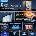 RebotAi Tablet 8.7 inch Android 15 Tablet with Gemini AI, 18GB (6GB+12GB) RAM+128GB ROM, 1340 * 800 HD|Widevine L1|5G WiFi|90Hz IPS Screen|5000 mAh|5MP+13MP Camera