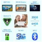 MUISOO Android 15 Tablet, 10 Inch Tablet, 20GB RAM+64GB ROM (TF 1TB), 5000mAh, 1280 * 800 HD, WiFi 6, Bluetooth 5.4, Dual Cameras, Dual Speakers, White