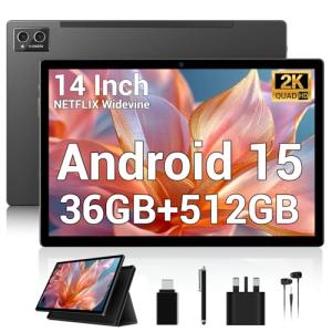 GAMORZE 14 Inch Tablet Android 15 Gaming Tablet 36GB+512GB/TF 2TB, Octa-Core, 11580mAh, 4-speaker, 13MP Camera, Large Screen with Dual SIM 4G LTE/5G WiFi/GPS/13MP/Case/Stylus/Earphone-Black