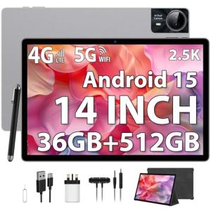 LINROM 2.5K Android 15 Tablet 14 inch, 36GB RAM, 512GB ROM (2TB Expansion), 4G Lte/5G WiFi, INCELL 2240 x 1400 FHD, 11580mAh, Octa-Core 2.0GHz, 13MP+8MP, Tablet with Case/GPS/Bluet 5.0 (Silver)