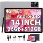 LINROM 2.5K Android 15 Tablet 14 inch, 36GB RAM, 512GB ROM (2TB Expansion), 4G Lte/5G WiFi, INCELL 2240 x 1400 FHD, 11580mAh, Octa-Core 2.0GHz, 13MP+8MP, Tablet with Case/GPS/Bluet 5.0 (Silver)