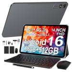 GAMORZE 14 Inch Tablet Android 16 Octa-Core 4G LTE/5G WiFi/13500mAh Battery/Widevine L1/2K INCELL FHD Android Tablets 36GB RAM+512GB ROM (2TB TF), Gaming Tablet with Keyboard, Gray