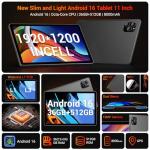 FLYCOAY Android 16 AI Tablet,11 Inch Android Tablets With 36GB RAM+512GB ROM(TF 2TB), Octa-Core, 8000 mAh, 8MP+13MP, 5G WIFI/BT 5.0/GPS, Tablet With Keyboard|Mouse|Case|Pen|Stand|Earphone|Gray