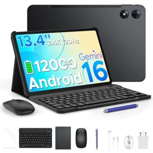 POCKAM P13 Pro 13.4 inch Tablet, 48GB RAM+256GB ROM, 2.4K 120Hz Android 16 Tablet with Gemini AI, T7280 Octa-Core, 16MP + 8MP, 12000mAh, 5G WIFI, 4G LTE, 3.5mm Headphone, Keyboard, Case-Black