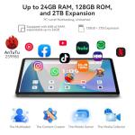 11 Inch Android 16 Tablet for Remote Work and Home Entertainment, 24 GB RAM, 128 GB Storage, Octa-Core T7250 Processor, 90Hz Display, 8000 mAh Battery with OTG Reverse Charging, Built-in Gemini AI