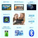 MUISOO Android 16 Tablet,10 inch Tablet, 20GB RAM 64GB ROM(1TB TF Expand), 5MP+8MP Camera, WiFi 6, BT5.4, 1280 * 800 IPS, 5000mAh, Dual Speakers Pad PC Tablets