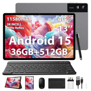 LINROM 3K Tablet 13 Inch & Android 15, 36GB RAM, 512GB ROM (Expand TF 1TB), 4G Lte & 5G WiFi, 2940 * 1840, 11580mAh, G99 2.2GHz, 13MP+8MP, Tablet with keyboard/GPS/Bluet/4 Speakers-Gray