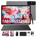 LINROM 3K Tablet 13 Inch & Android 15, 36GB RAM, 512GB ROM (Expand TF 1TB), 4G Lte & 5G WiFi, 2940 * 1840, 11580mAh, G99 2.2GHz, 13MP+8MP, Tablet with keyboard/GPS/Bluet/4 Speakers-Gray