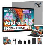 JUSYEA 2026 Tablet 10 Inch Android 15, 30GB RAM+128GB ROM/TF 2TB, 8000mAh, Parental Control, 8-Cores, Gemini AI/Widevine L1, BT5.0, 8MP+5MP, WIFI 6, Tablets Mouse and Keyboard Set-Grey