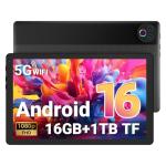 Gleeso Tablet｜Android 16 Tablet 10 Inch｜16GB RAM 1TB TF Android Tablets with Face Unlock｜Widevine L1｜BT 5.4/5G WiFi｜5MP Dual Camera, OTG Tablet PC - Black