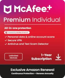 McAfee+ Premium Individual Unlimited Devices 2025|12-Months |Antivirus, Secure VPN |Includes Security Software, Password Manager, Identity Monitoring |Download |Auto-Renewing Subscriptions