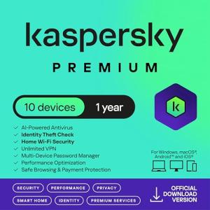 Kaspersky Premium Total Security 2026 | 10 Devices | 1 Year | Anti-Phishing and Firewall | Unlimited VPN | Password Manager | Parental Controls | 24/7 Support | PC/Mac/Mobile | UK Online Code